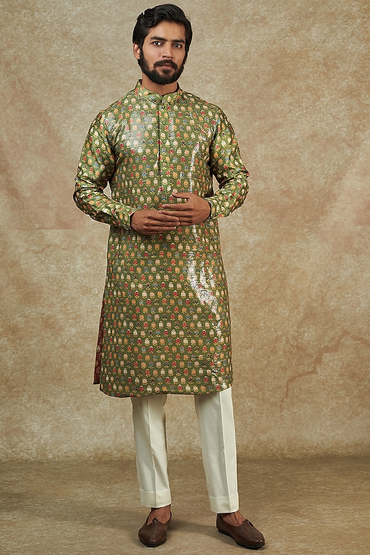 Green Dupion Silk Printed & Embroidered Kurta by Rabani & Rakha Men