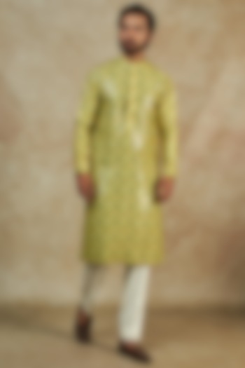 Yellow Dupion Silk Printed & Embroidered Kurta by Rabani & Rakha Men