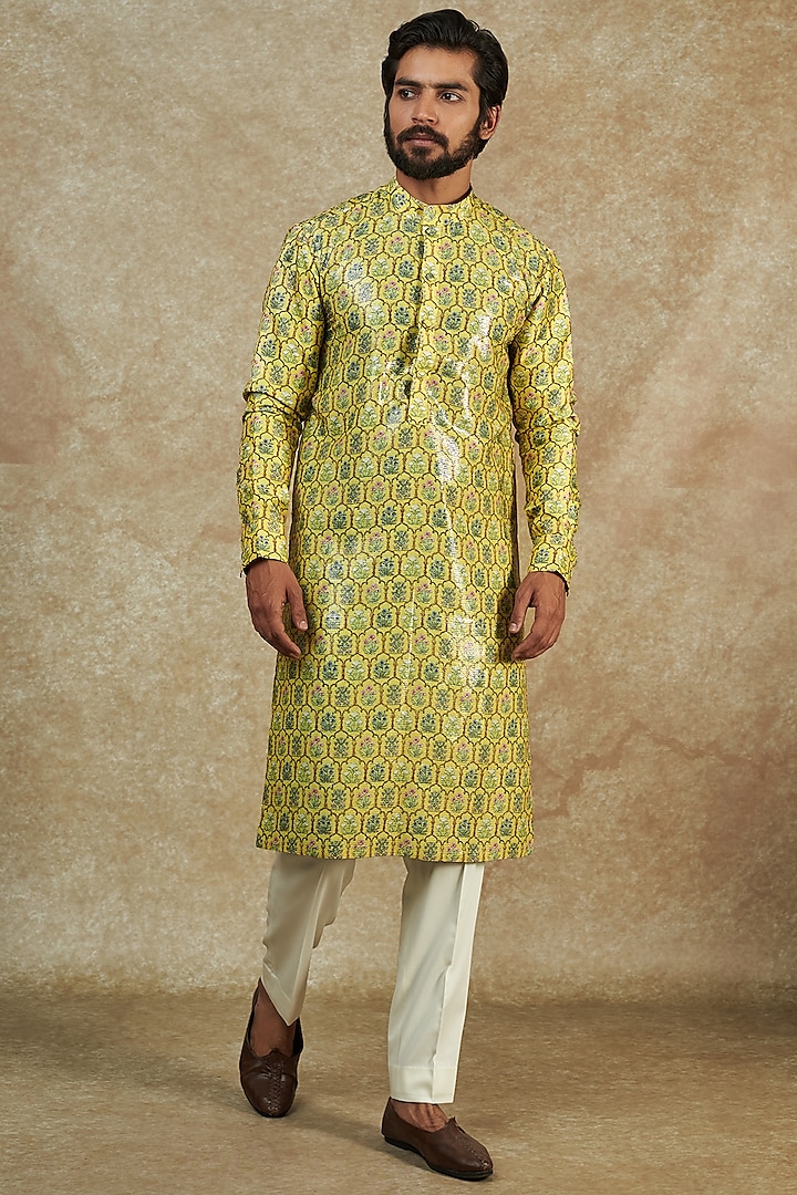 Yellow Dupion Silk Printed & Embroidered Kurta by Rabani & Rakha Men