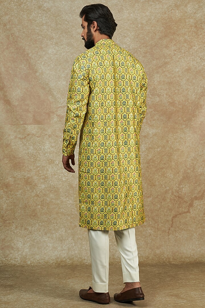 Yellow Dupion Silk Jaal Printed & Sequin Embroidered Kurta by Rabani & Rakha Men at Pernia's Pop Up Shop