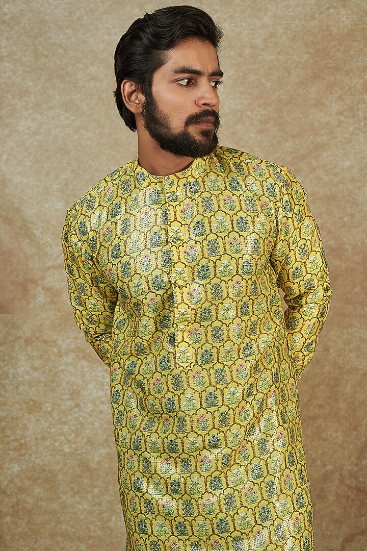 Yellow Dupion Silk Jaal Printed & Sequin Embroidered Kurta by Rabani & Rakha Men at Pernia's Pop Up Shop