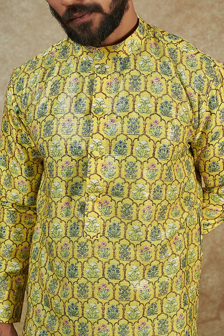 Yellow Dupion Silk Jaal Printed & Sequin Embroidered Kurta by Rabani & Rakha Men at Pernia's Pop Up Shop