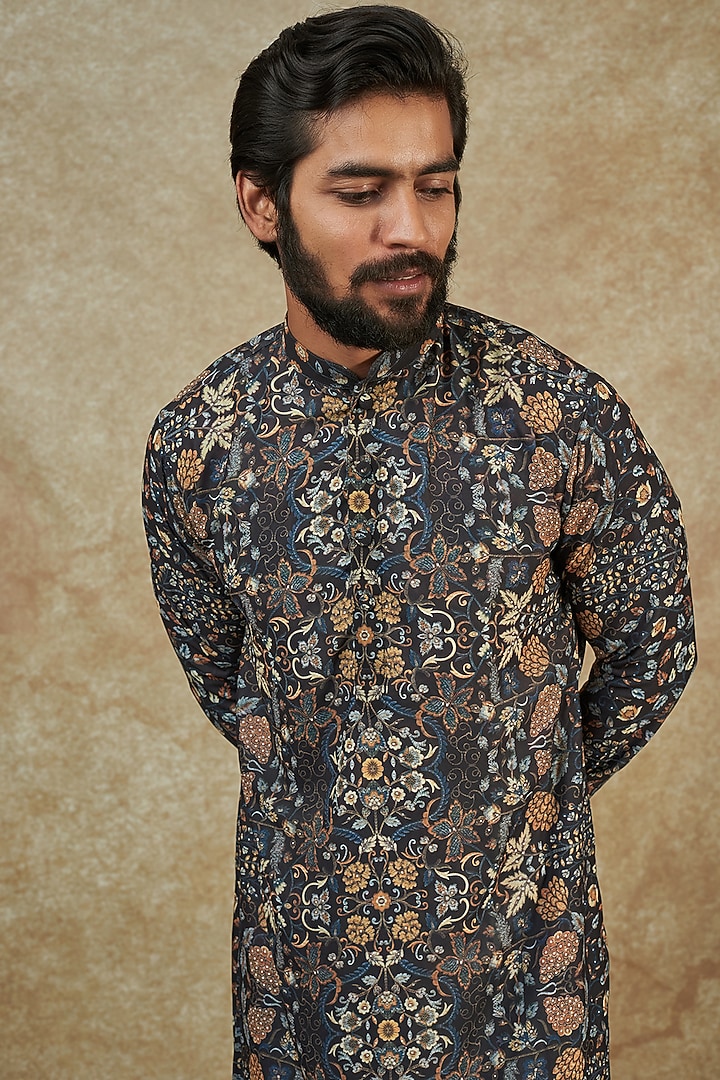 Black Georgette Digital Printed Kurta by Rabani & Rakha Men at Pernia's Pop Up Shop