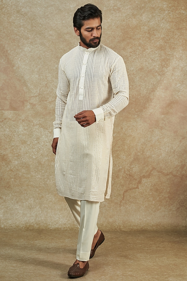 Ivory Georgette Embroidered Kurta by Rabani & Rakha Men at Pernia's Pop Up Shop