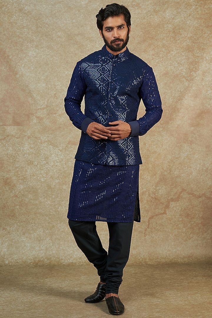 Blue Georgette Sequins Jaal Embroidered Bundi Jacket by Rabani & Rakha Men at Pernia's Pop Up Shop