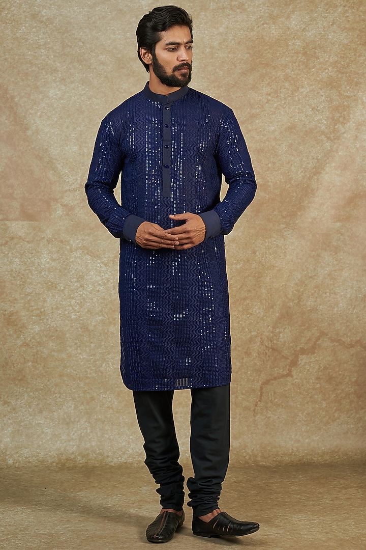 Blue Georgette Embroidered Kurta by Rabani & Rakha Men at Pernia's Pop Up Shop