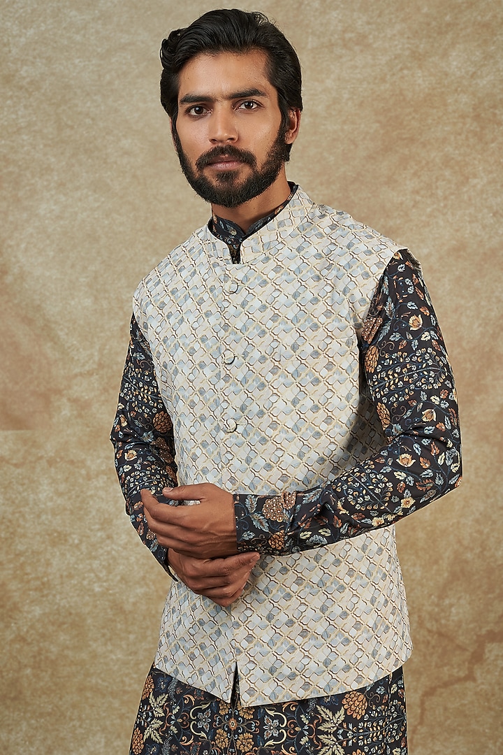 Grey Georgette Digital Printed Bundi Jacket by Rabani & Rakha Men