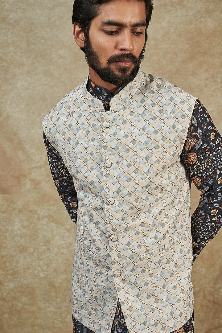 Grey Georgette Digital Printed Bundi Jacket by Rabani & Rakha Men at Pernia's Pop Up Shop