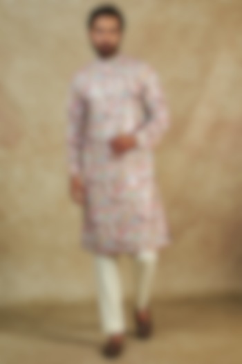 Ivory Crepe & Georgette Sequins Embroidered & Digital Printed Kurta by Rabani & Rakha Men at Pernia's Pop Up Shop