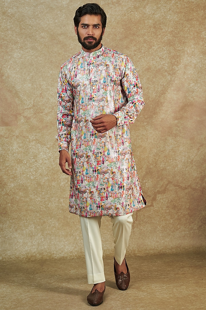 Ivory Crepe & Georgette Sequins Embroidered & Digital Printed Kurta by Rabani & Rakha Men at Pernia's Pop Up Shop