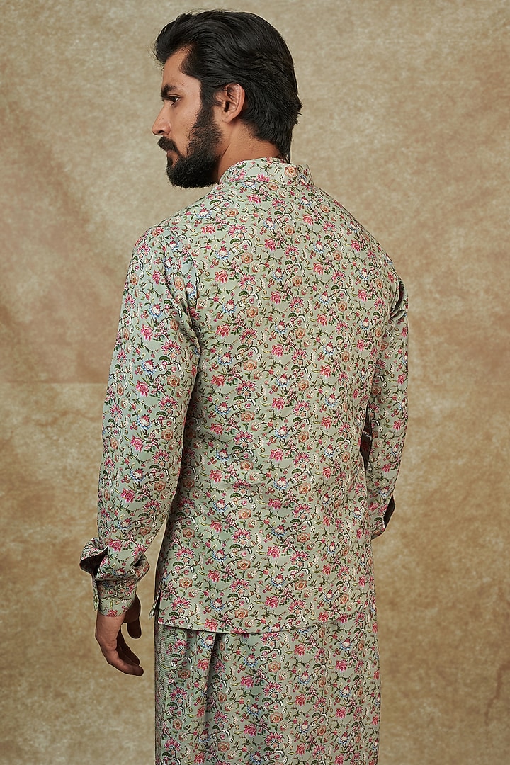 Sage Green Georgette Digital Printed Bundi Jacket by Rabani & Rakha Men at Pernia's Pop Up Shop