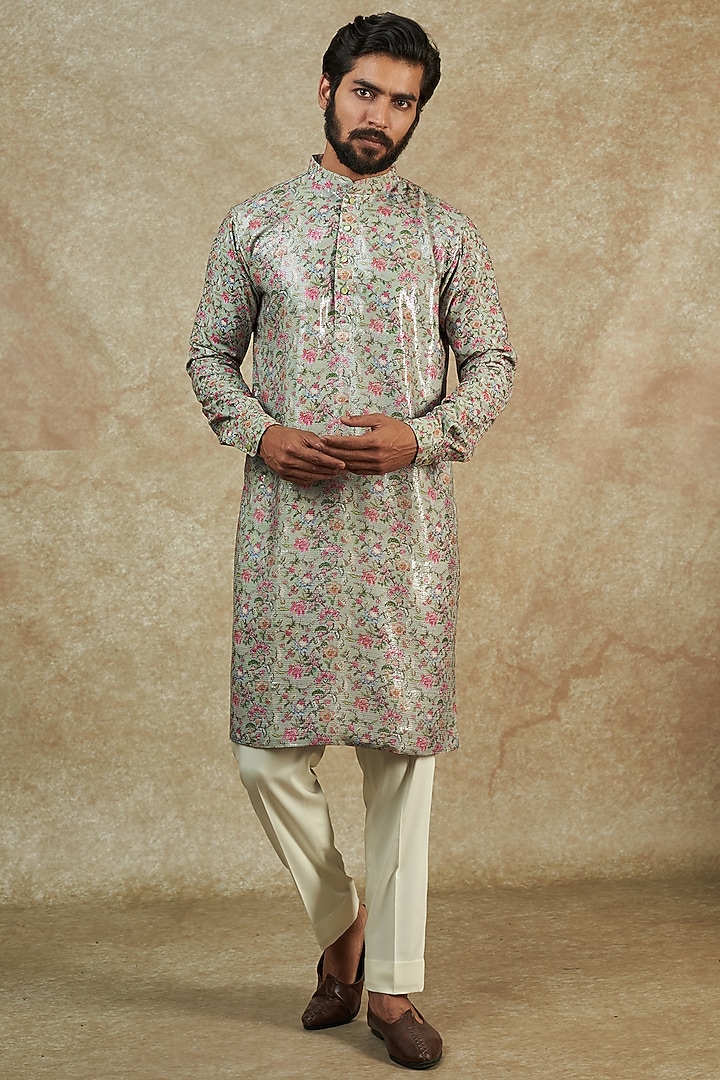 Sage Green Georgette Digital Printed & Sequin Embroidered Kurta by Rabani & Rakha Men at Pernia's Pop Up Shop