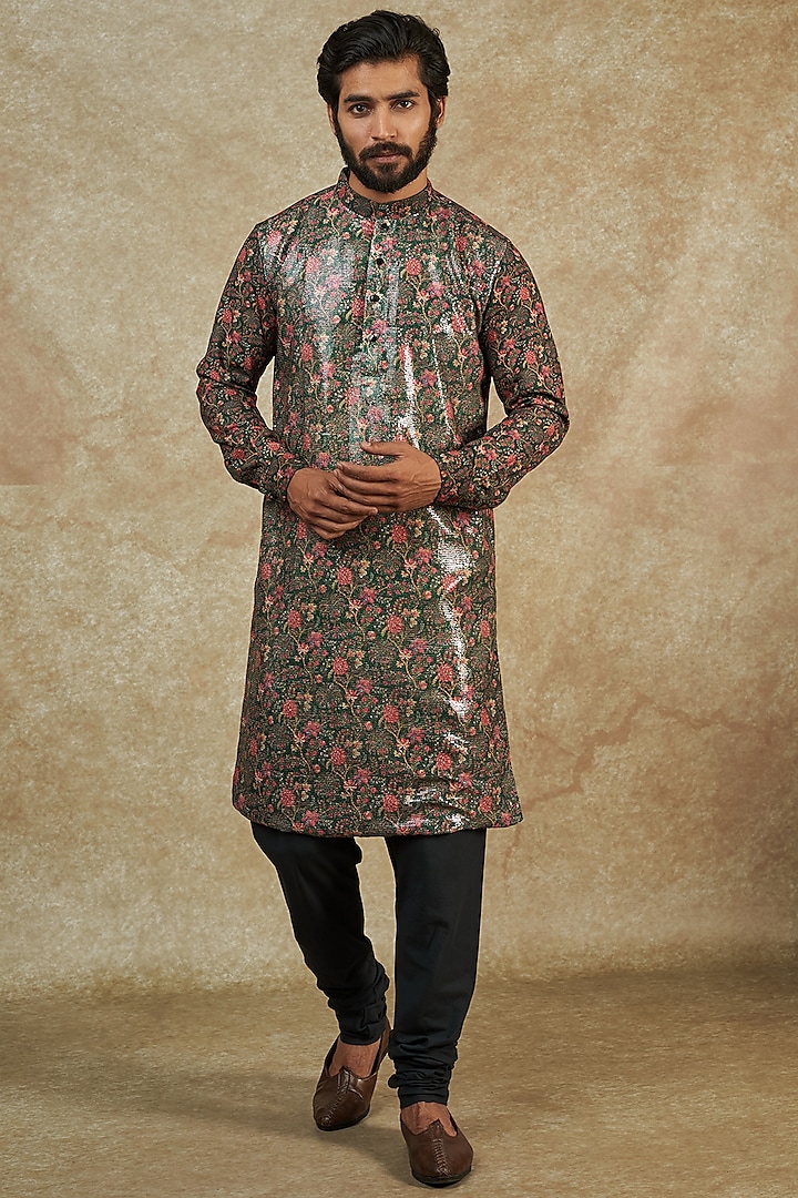 Dark Green Georgette Printed & Embroidered Kurta by Rabani & Rakha Men