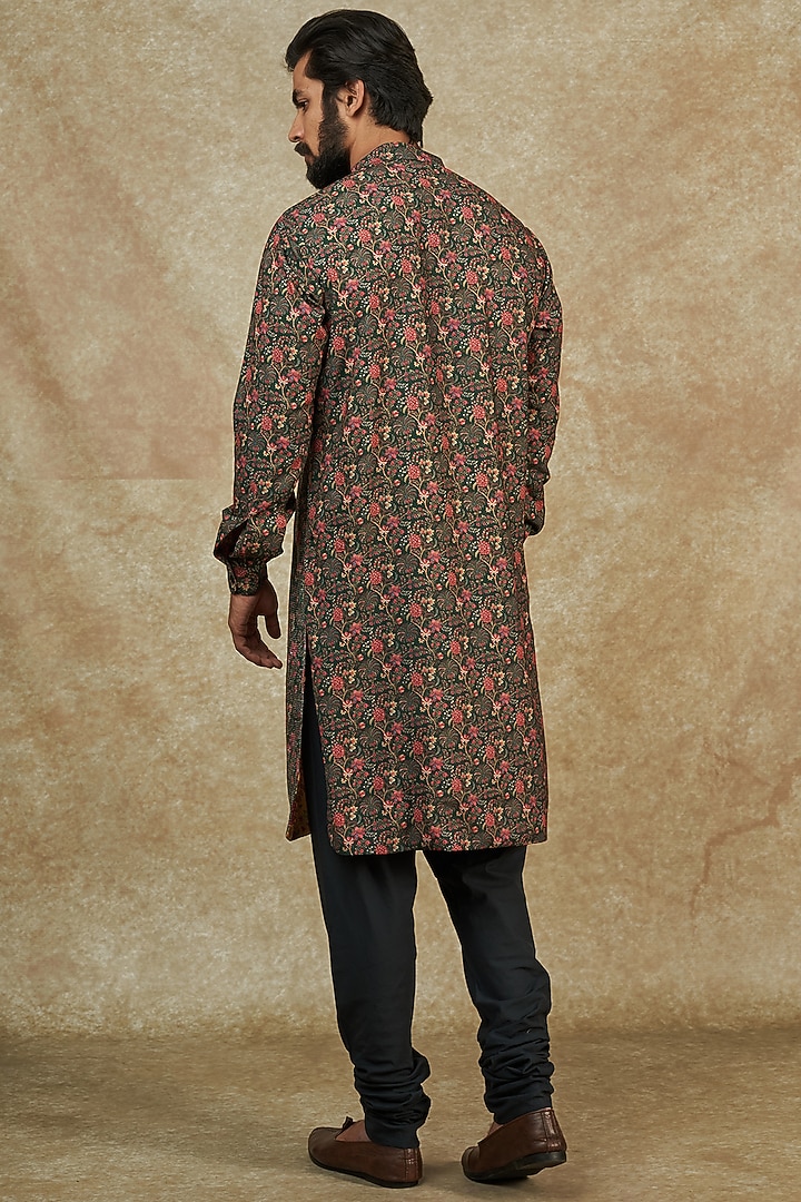 Dark Green Georgette Digital Printed & Sequin Embroidered Kurta by Rabani & Rakha Men at Pernia's Pop Up Shop