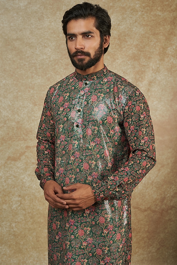 Dark Green Georgette Digital Printed & Sequin Embroidered Kurta by Rabani & Rakha Men at Pernia's Pop Up Shop