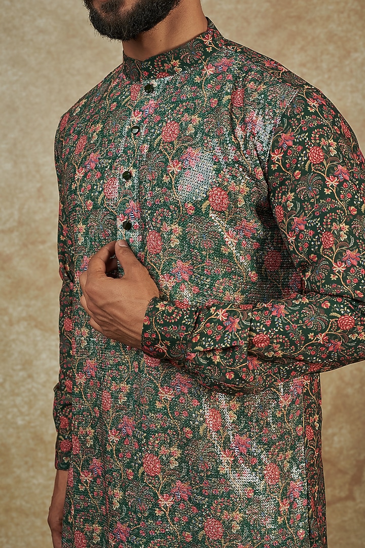 Dark Green Georgette Digital Printed & Sequin Embroidered Kurta by Rabani & Rakha Men at Pernia's Pop Up Shop