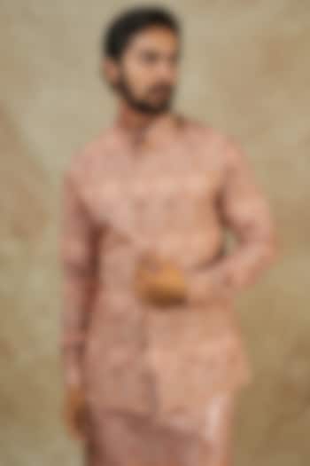 Peach Georgette Digital Printed Bundi Jacket by Rabani & Rakha Men