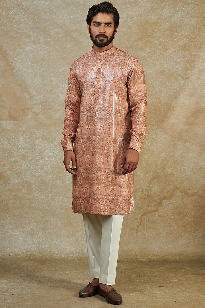 Peach Georgette Printed & Embroidered Kurta by Rabani & Rakha Men