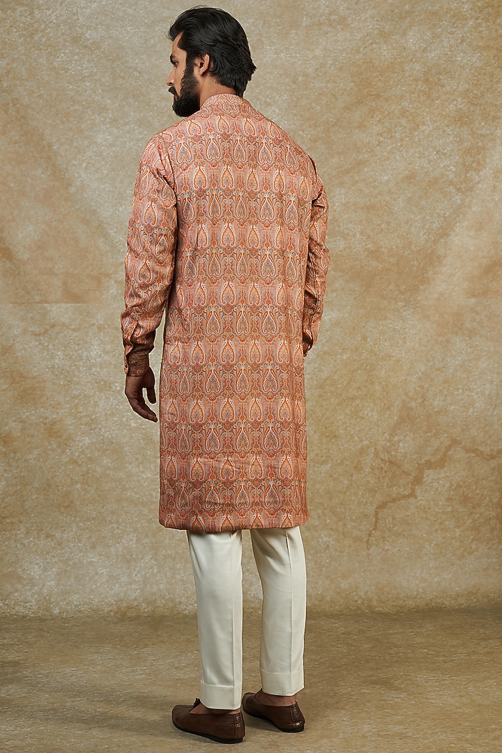 Peach Georgette Printed & Embroidered Kurta by Rabani & Rakha Men at Pernia's Pop Up Shop