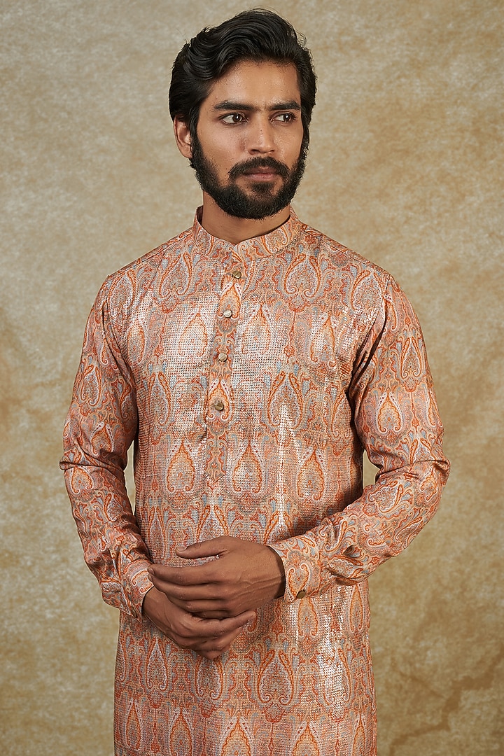 Peach Georgette Printed & Embroidered Kurta by Rabani & Rakha Men at Pernia's Pop Up Shop