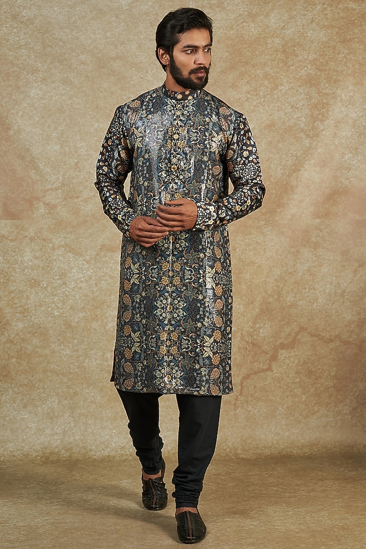 Black Georgette Printed & Embroidered Kurta by Rabani & Rakha Men at Pernia's Pop Up Shop