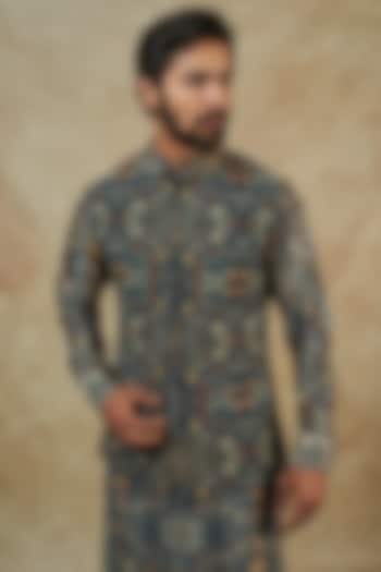 Black Georgette Digital Printed Bundi Jacket by Rabani & Rakha Men