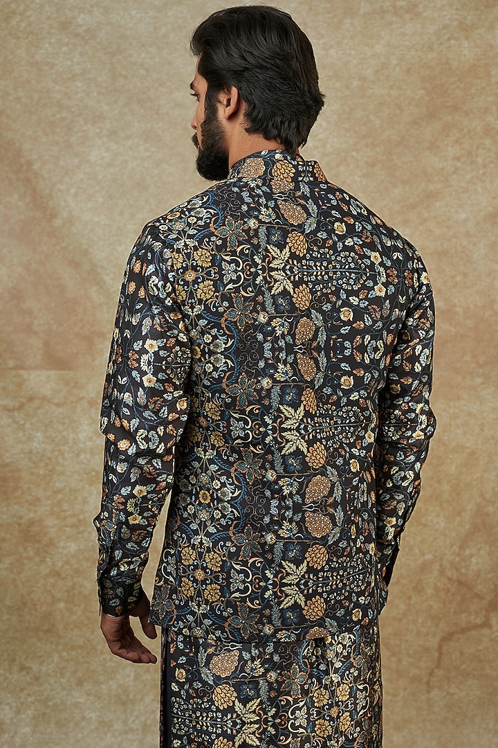 Black Georgette Digital Printed Bundi Jacket by Rabani & Rakha Men at Pernia's Pop Up Shop