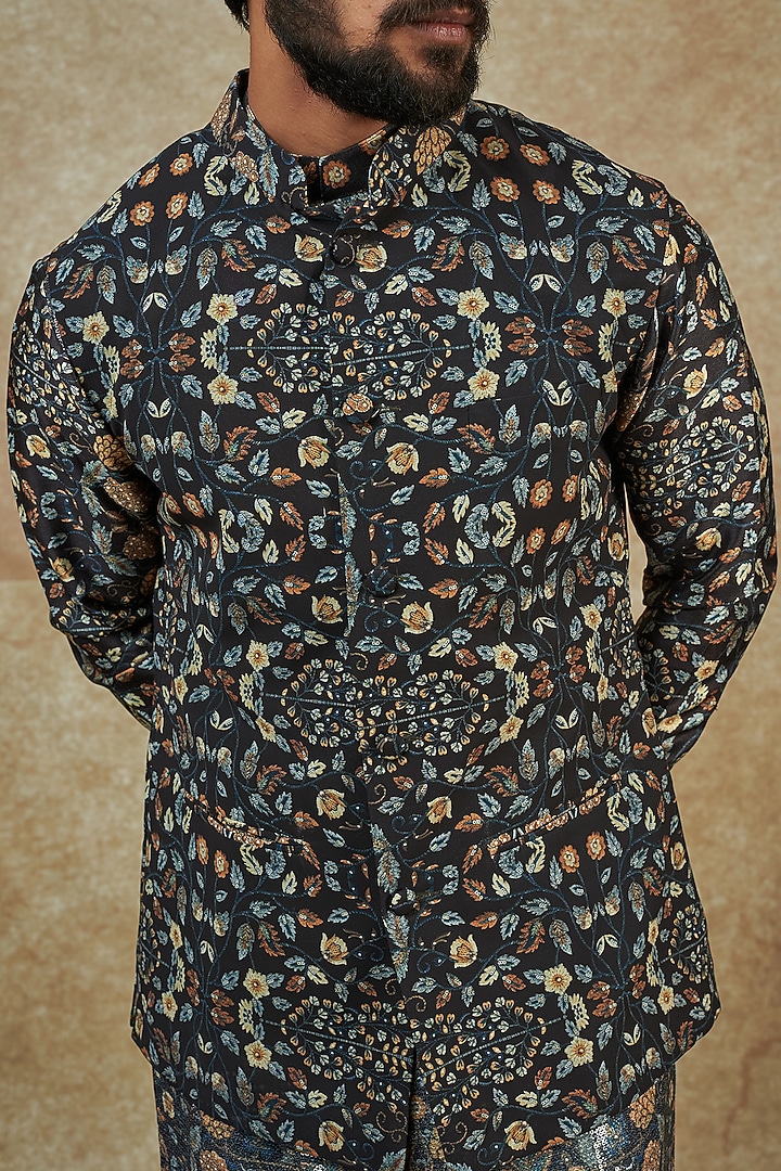 Black Georgette Digital Printed Bundi Jacket by Rabani & Rakha Men at Pernia's Pop Up Shop