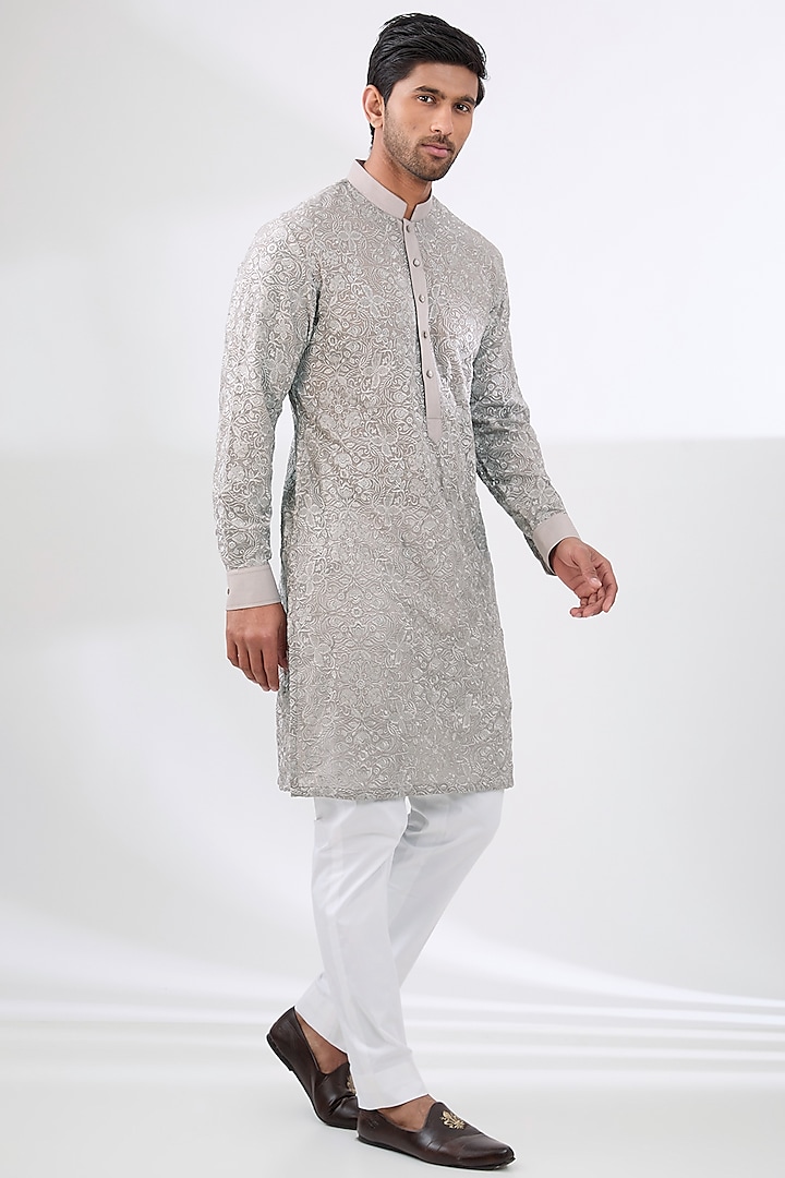 Grey Georgette Thread Work Kurta Set by Rabani & Rakha Men