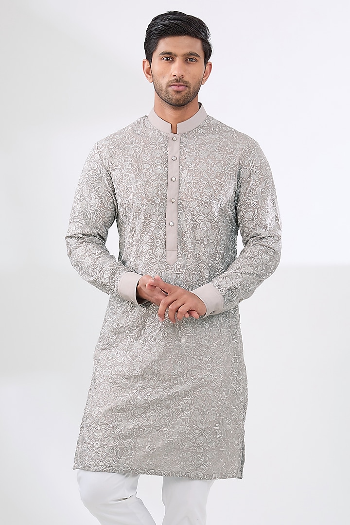 Grey Georgette Thread Work Kurta Set by Rabani & Rakha Men at Pernia's Pop Up Shop