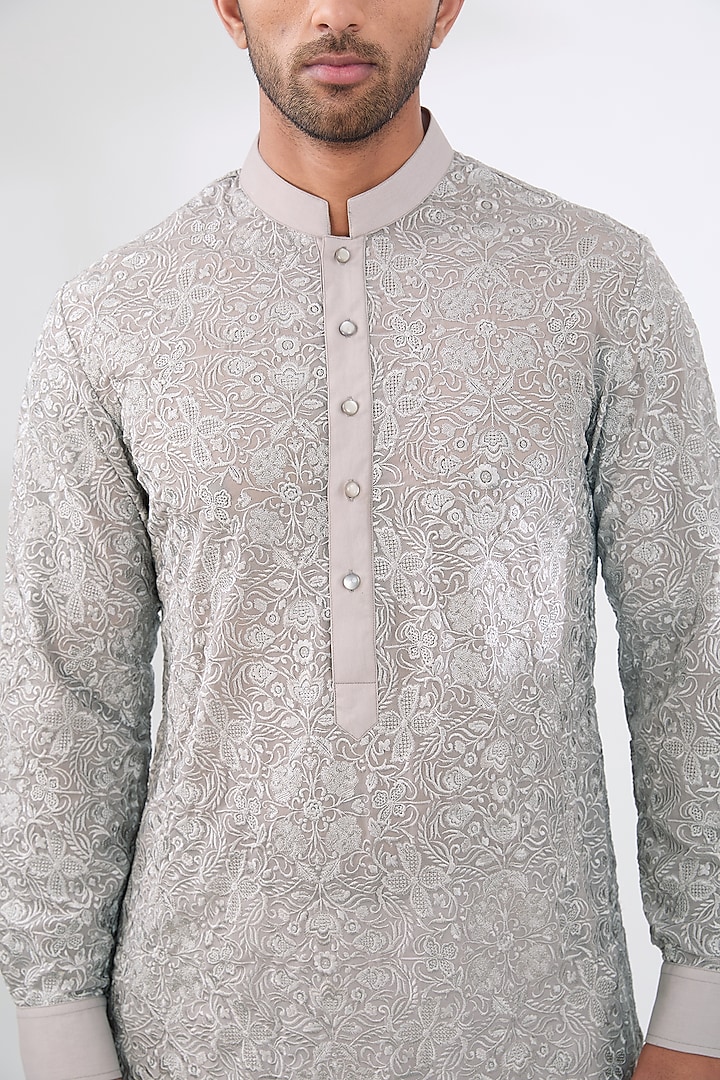 Grey Georgette Thread Work Kurta Set by Rabani & Rakha Men at Pernia's Pop Up Shop