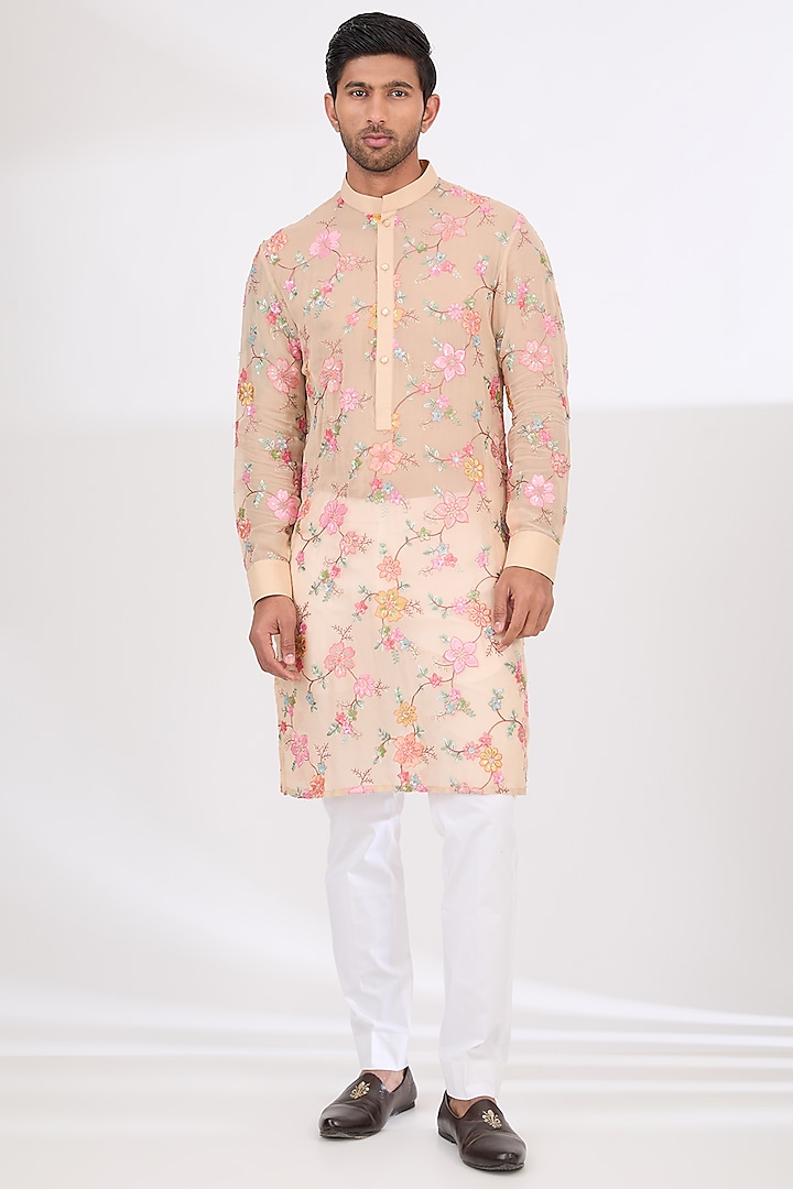 Beige Georgette Thread Work Kurta Set by Rabani & Rakha Men