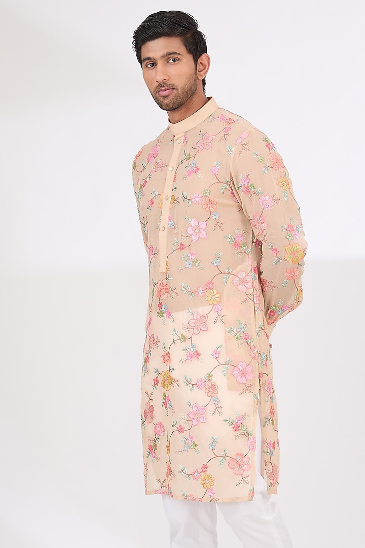 Beige Georgette Thread Work Kurta Set by Rabani & Rakha Men at Pernia's Pop Up Shop
