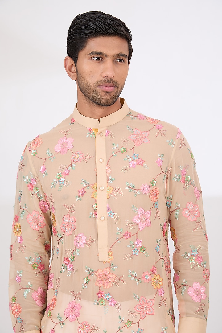 Beige Georgette Thread Work Kurta Set by Rabani & Rakha Men at Pernia's Pop Up Shop