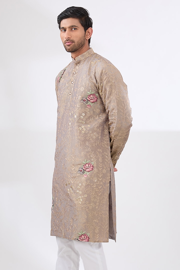 Grey Tissue Zari Work Kurta Set by Rabani & Rakha Men at Pernia's Pop Up Shop