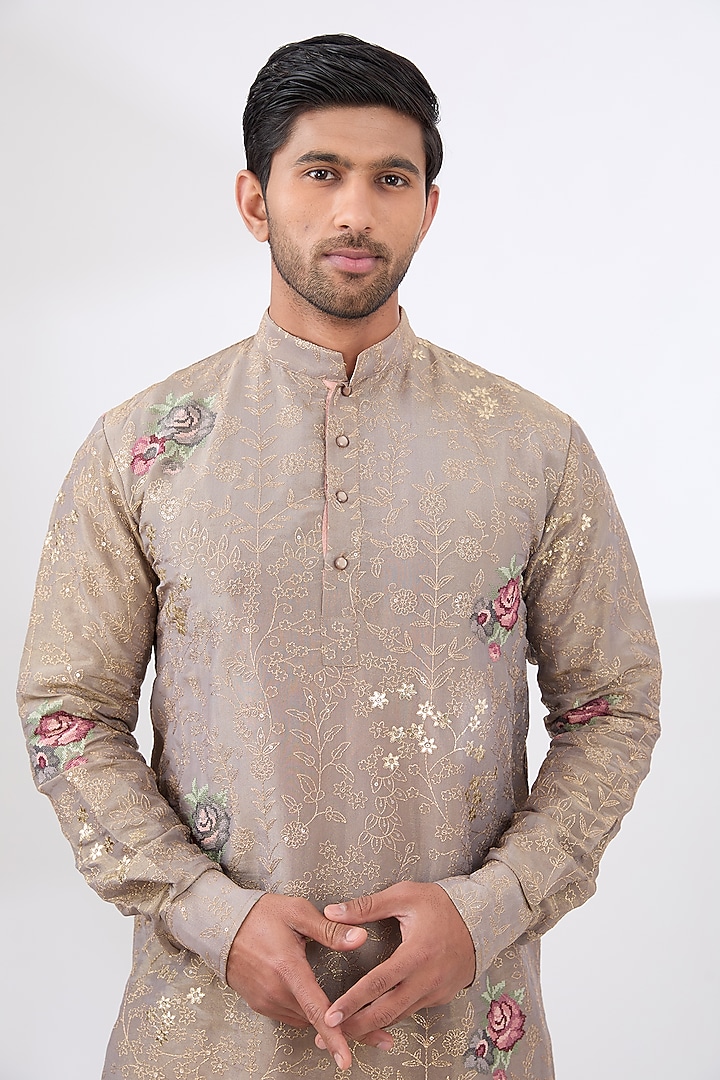 Grey Tissue Zari Work Kurta Set by Rabani & Rakha Men at Pernia's Pop Up Shop