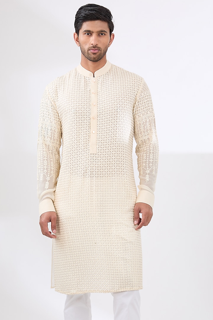 Ivory Georgette Embroidered Kurta Set by Rabani & Rakha Men at Pernia's Pop Up Shop