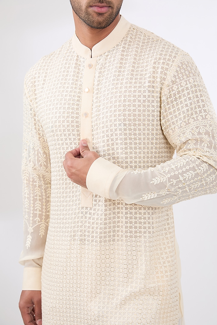 Ivory Georgette Embroidered Kurta Set by Rabani & Rakha Men at Pernia's Pop Up Shop