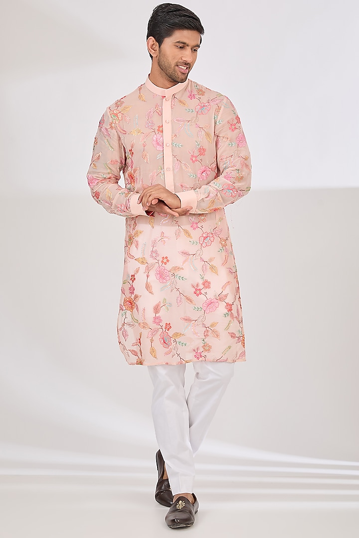 Blush Pink Georgette Thread Work Kurta Set by Rabani & Rakha Men