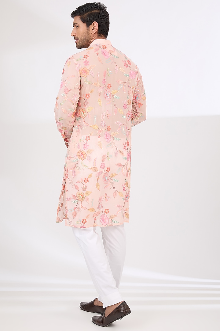 Blush Pink Georgette Thread Work Kurta Set by Rabani & Rakha Men at Pernia's Pop Up Shop