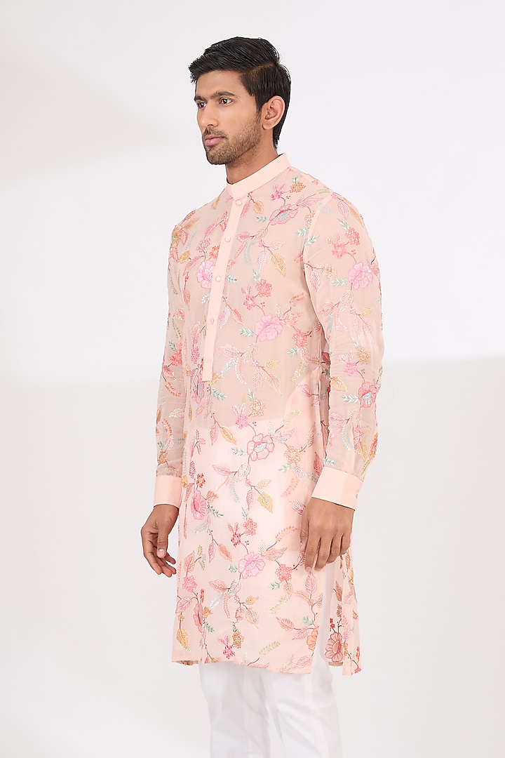 Blush Pink Georgette Thread Work Kurta Set by Rabani & Rakha Men at Pernia's Pop Up Shop