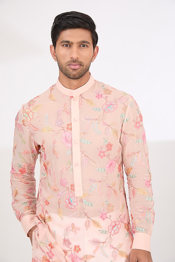 Blush Pink Georgette Thread Work Kurta Set by Rabani & Rakha Men at Pernia's Pop Up Shop