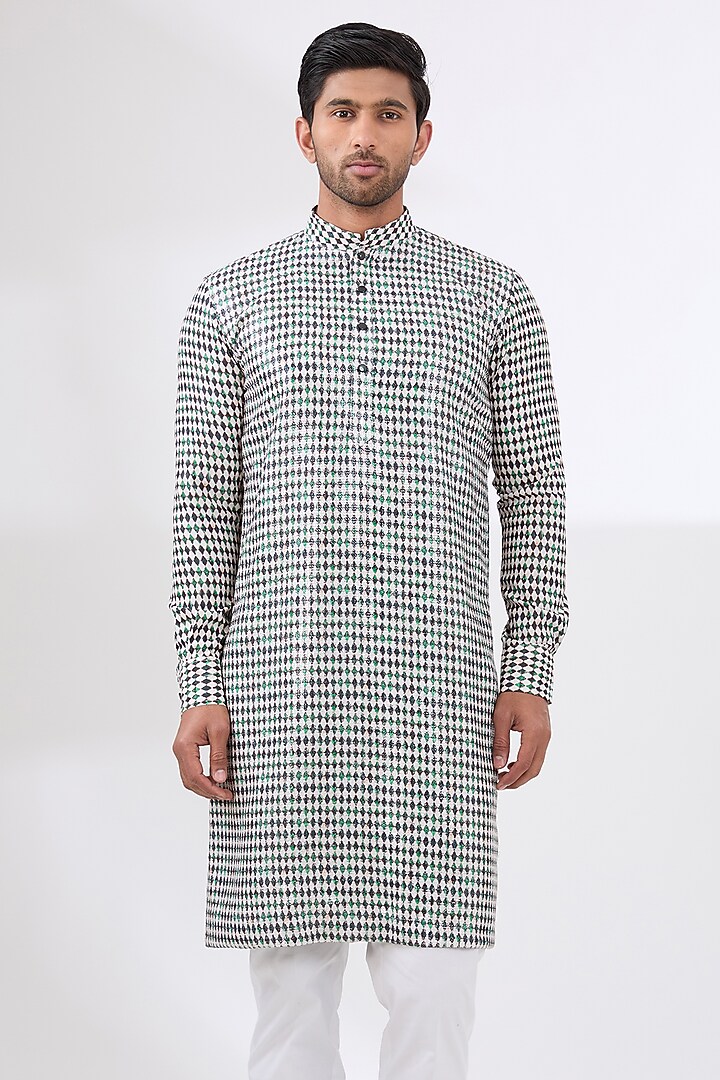 Ivory Sheeted Georgette Printed Kurta Set by Rabani & Rakha Men at Pernia's Pop Up Shop