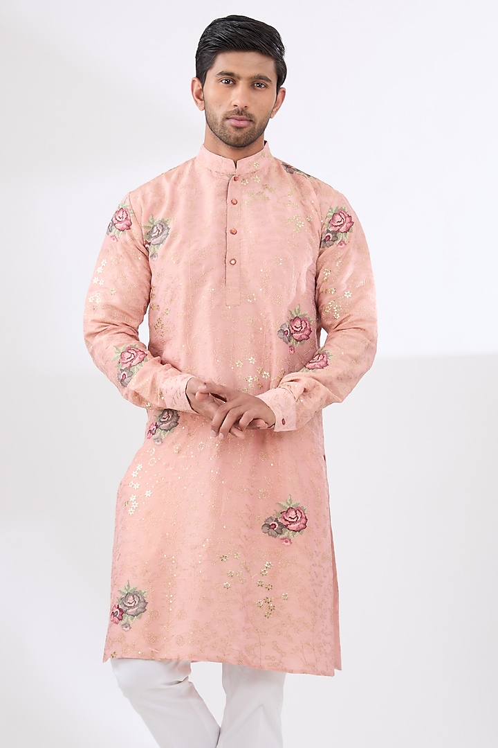 Pink Tissue Zari Work Kurta Set by Rabani & Rakha Men at Pernia's Pop Up Shop