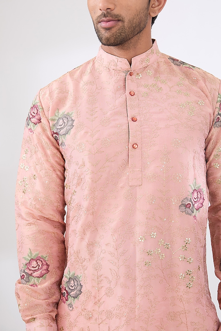 Pink Tissue Zari Work Kurta Set by Rabani & Rakha Men at Pernia's Pop Up Shop