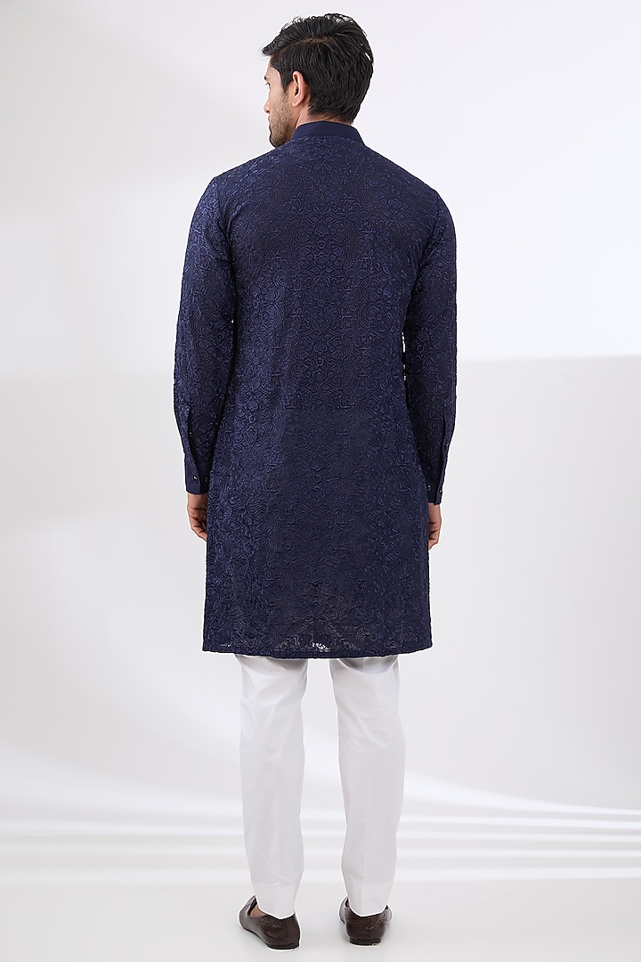 Midnight Blue Georgette Thread Work Kurta Set by Rabani & Rakha Men at Pernia's Pop Up Shop