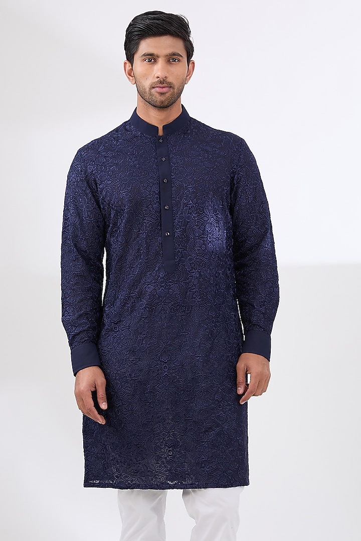 Midnight Blue Georgette Thread Work Kurta Set by Rabani & Rakha Men at Pernia's Pop Up Shop