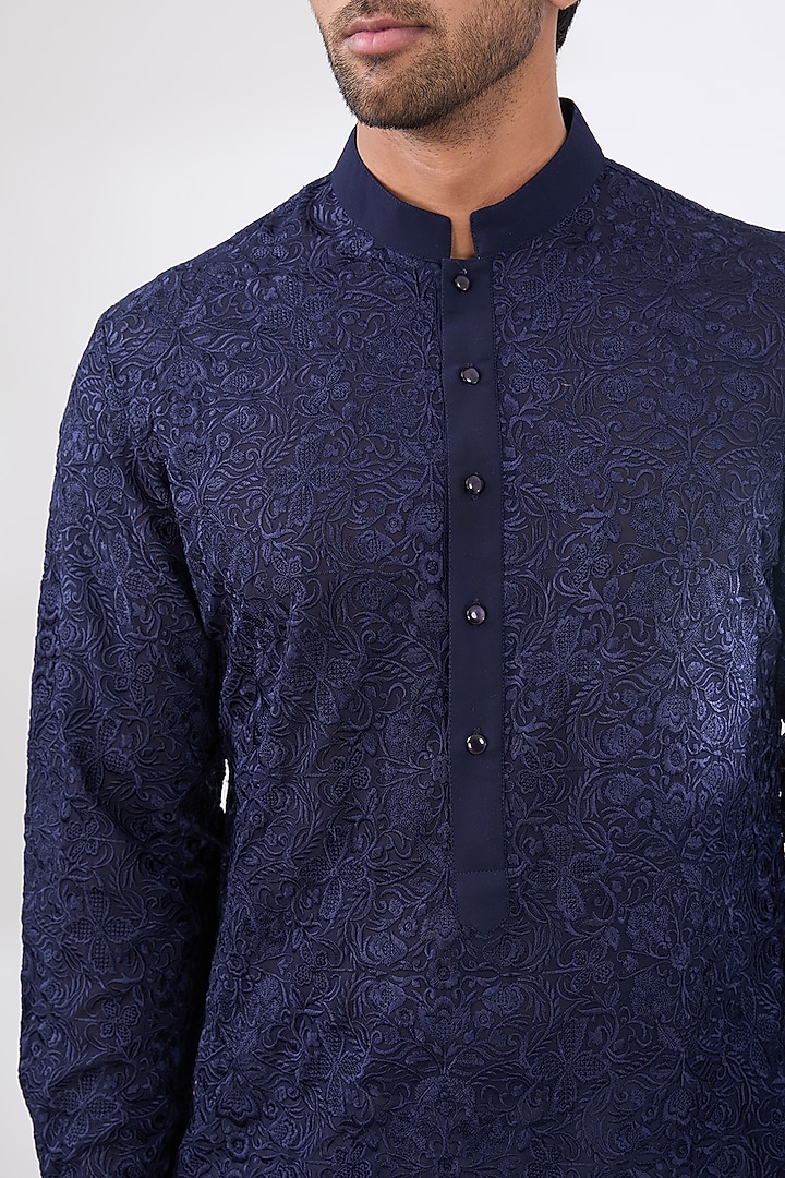 Midnight Blue Georgette Thread Work Kurta Set by Rabani & Rakha Men at Pernia's Pop Up Shop