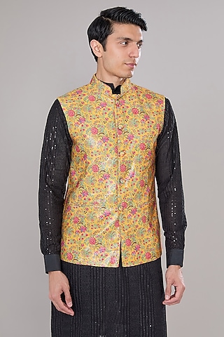 Yellow Crepe Printed Bundi Jacket by Rabani & Rakha Men