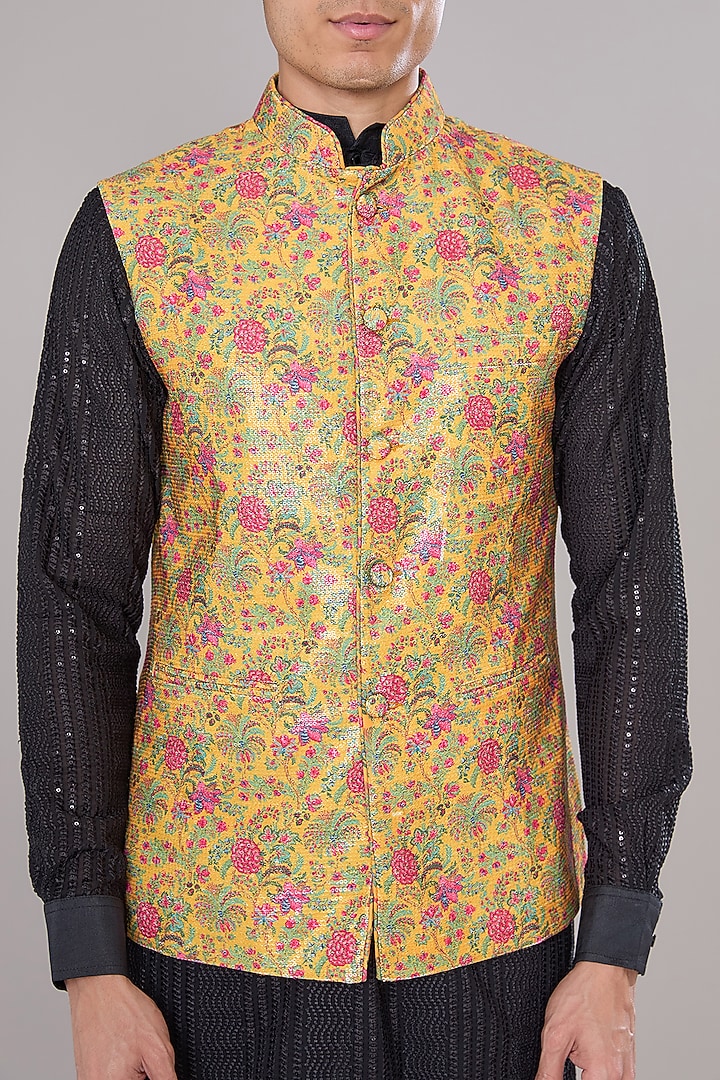 Yellow Crepe Printed Bundi Jacket by Rabani & Rakha Men at Pernia's Pop Up Shop